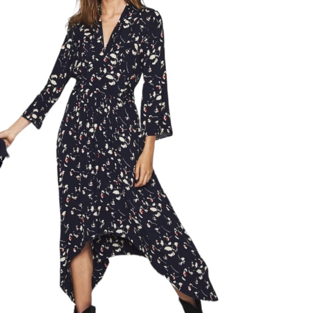 BA&SH Silia shirred tie-waist floral print crepe asymmetric hem midi dress sz 4